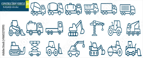 Vector Line Art Icons of Various Construction Vehicles
