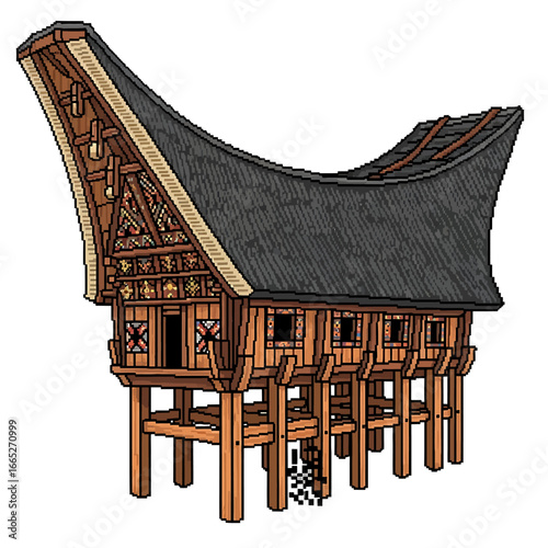 Illustration of a traditional Torajan house (Tongkonan) with a distinctive curved roof, elevated on stilts, showcasing intricate wood carvings.