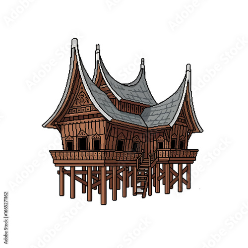 A stylized illustration of a traditional Indonesian house, elevated on wooden stilts.