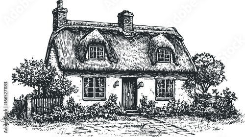 Hand drawn sketch of a charming thatched cottage with garden and stone path
