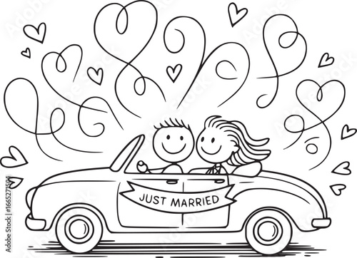 Just Married in a Car: A delightful line art illustration captures the joy of a newlywed couple as they embark on their journey of marriage in a charming vintage car.