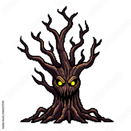 A pixelated, spooky tree with glowing eyes and a menacing expression.
