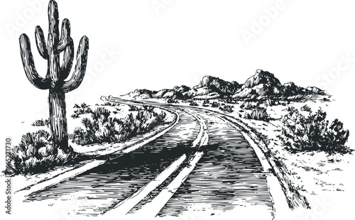 Winding desert road with saguaro cactus and distant mountains sketch