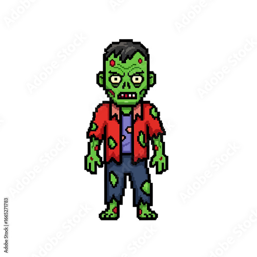 Pixelated zombie character, standing, wearing tattered clothes.