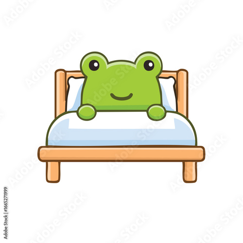 A cute frog is lying in a cozy bed, smiling peacefully, ready for sleep. The frog has a bright green skin and big eyes and a comfy pillow.