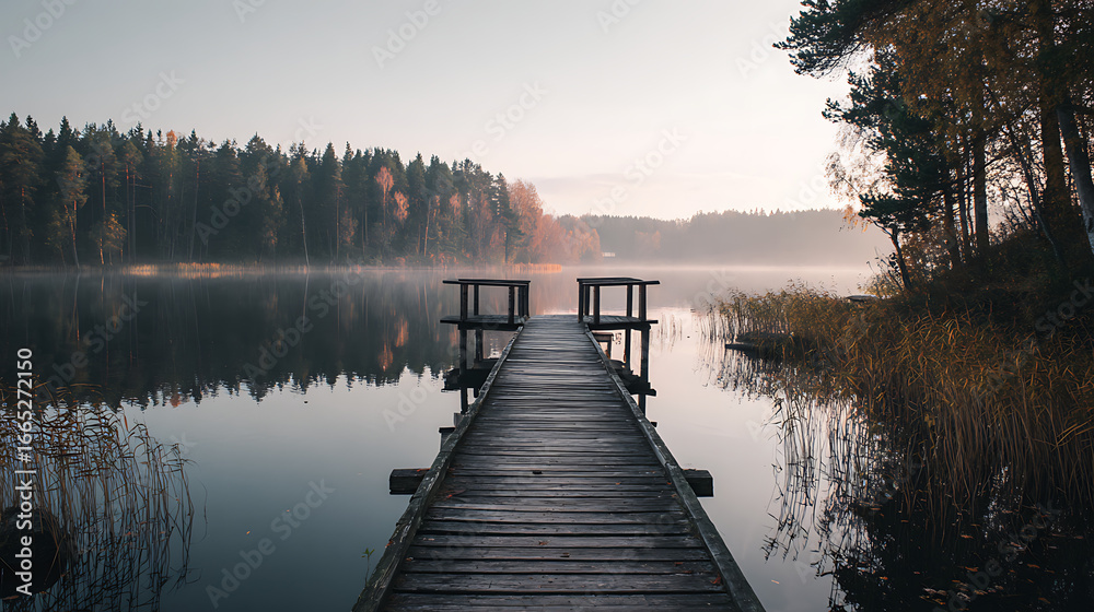 Obraz premium Serene dock overlooking calm lake at dawn surrounded by autumn foliage in a tranquil forest setting