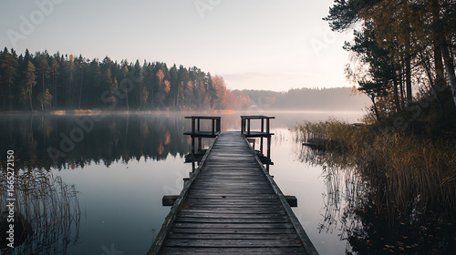 Wallpaper Mural Serene dock overlooking calm lake at dawn surrounded by autumn foliage in a tranquil forest setting Torontodigital.ca