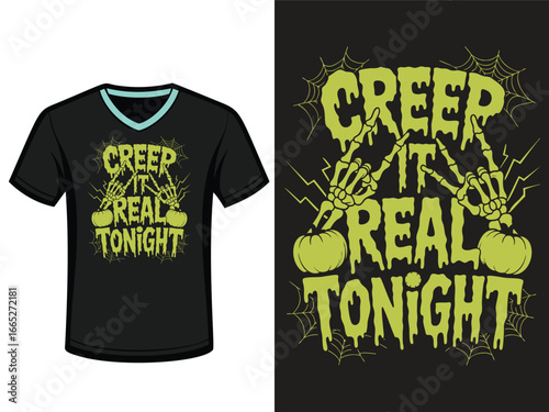 Creepy halloween t shirt design with skeleton hands and spooky text for a spooky night