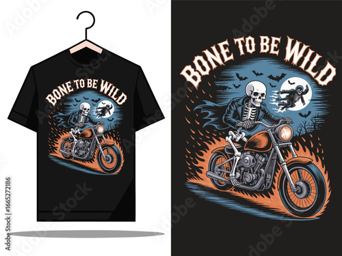 Skeleton biker riding a flaming motorcycle under a full moon with bats and spooky forest background