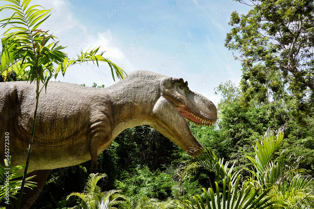 Fototapeta premium Pattaya​ Dinosaur Kingdom- 8th June 2025: A large dinosaur statue,life-size Tyrannosaurus Rex (T-Rex) model at Chonburi Province,Thailand.