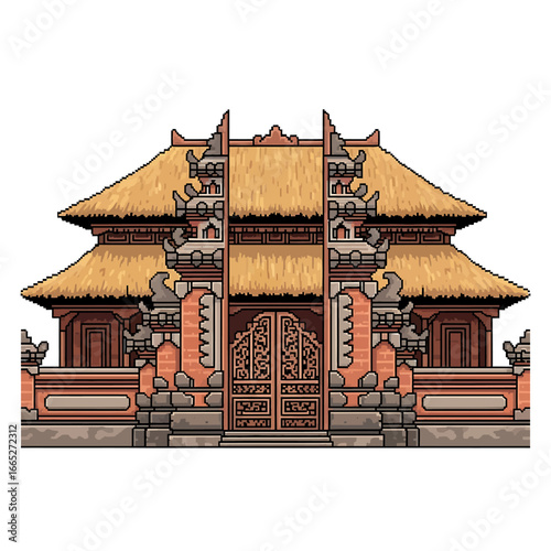 A pixelated illustration of a traditional Balinese temple with ornate carvings and a thatched roof.
