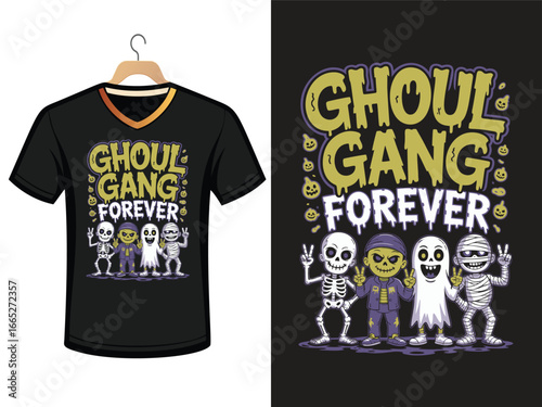 Spooky halloween t shirt design featuring a ghoul gang forever slogan with skeleton and ghost characters