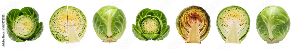 Fototapeta premium Green Brussels sprout set including whole, halved, and open variations isolated. Healthy vegetable food for cooking and diet.