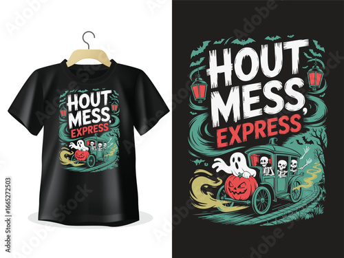 Spooky halloween t shirt design featuring a ghostly vehicle and the text hout mess express