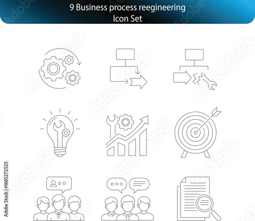 Minimal Line Art Icons of Business Process Reengineering – Black and White Vector Set, corporate strategy, business planning, process management.