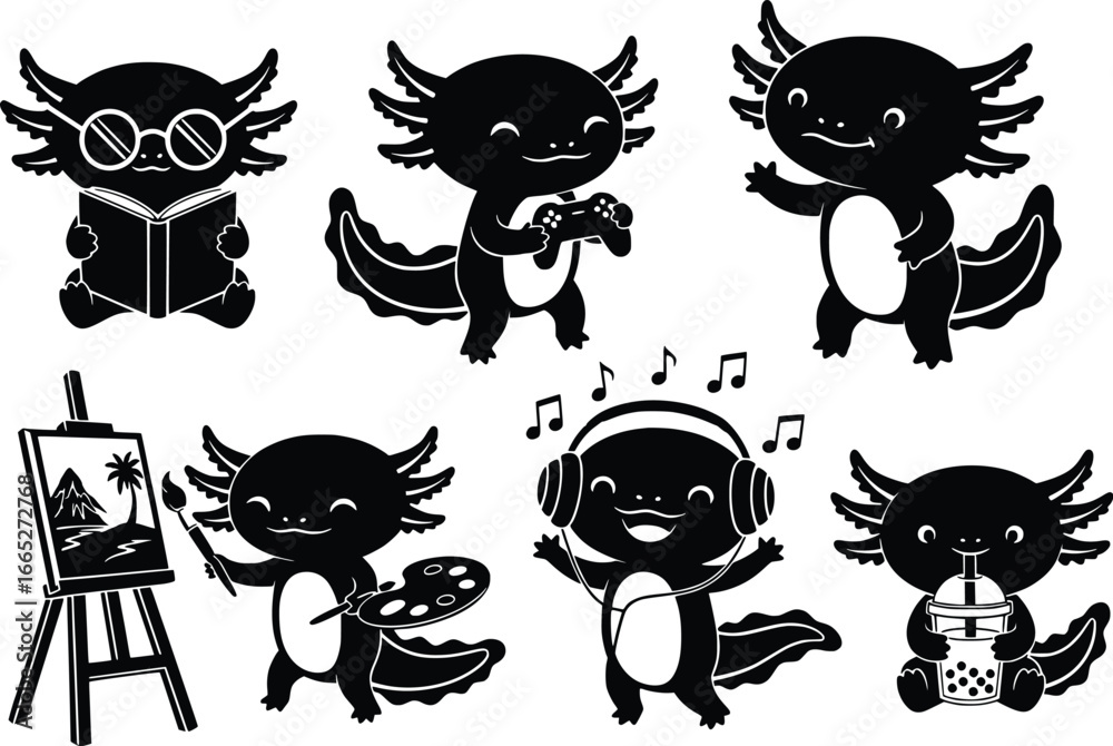 Fototapeta premium Cute axolotl silhouettes engaging in various fun activities and hobbies