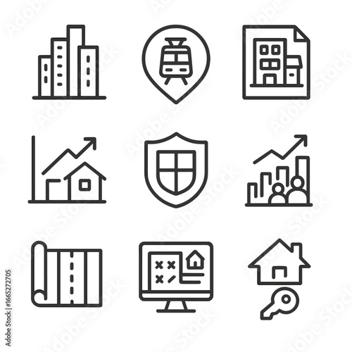 Urban Real Estate Icons. Line style icons of Urban Real Estate Investment: City skyline icon, transit access tag, mixed-use