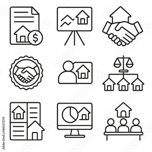 Real Estate Icons. Line style icons of Joint Real Estate Ventures: Co-investment agreement file, profit sharing chart, partnership