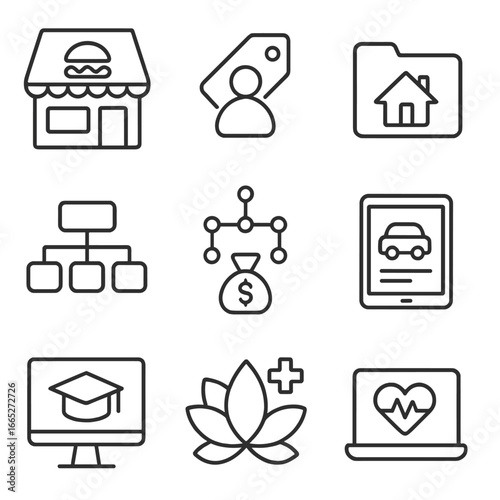 Franchise Icons Collection. Line style icons of Franchise Types: Fast food outlet icon, retail franchise tag, service franchise
