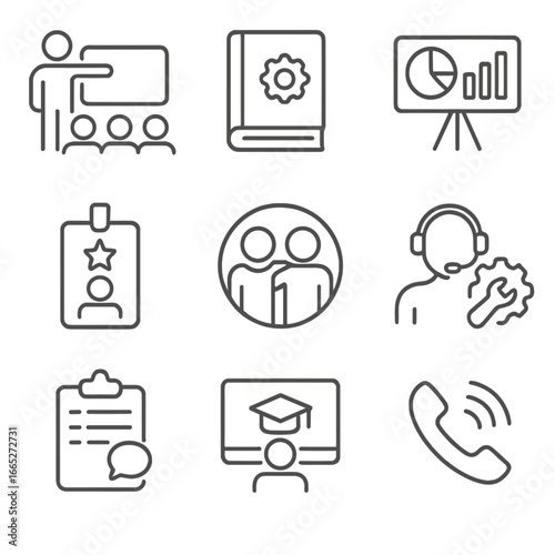 Franchise Support Icons. Line style icons of Franchise Training and Support: Onboarding session icon, operations manual file,