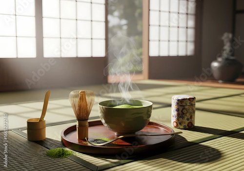 A matcha tea set on a tatami mat in a japanese room