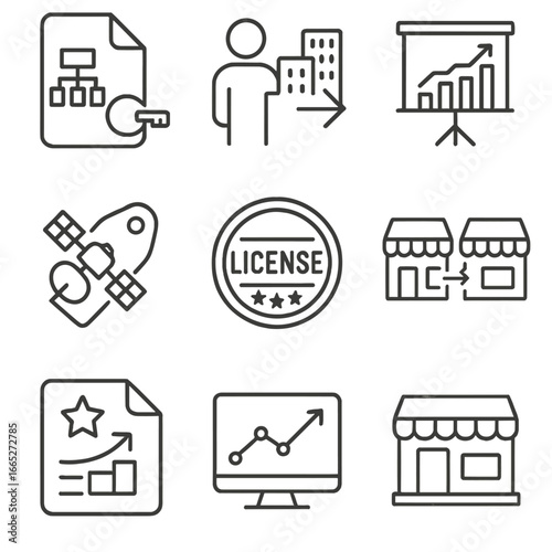 Franchise Expansion Icons. Line style icons of Franchise Expansion Models: Master franchise file, area developer icon,
