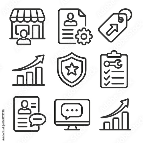 Franchise Responsibilities Icons. Line style icons of Franchisee Responsibilities: Daily operations icon, staff management file,