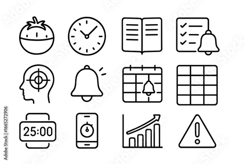 Home Time Management Icons. Line style icons of time management at home: pomodoro timer, wall clock, daily planner, task slots,
