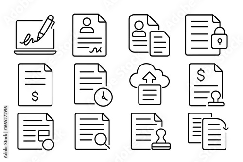Remote Work Icons. Line style icons of remote work contracts and documents: e-signature, contract icon, freelance agreement, NDA