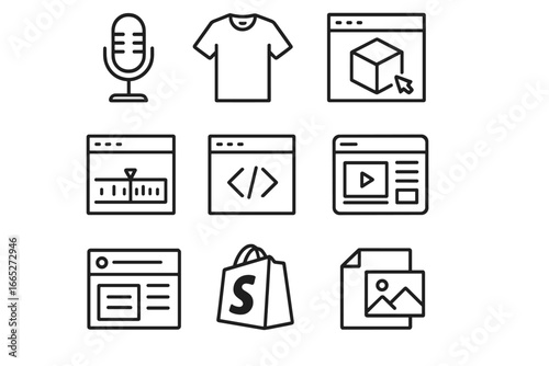 Freelance Tools Icons. Line style icons of freelance niche tools: podcast mic, merch mockup, 3D model, motion timeline, script