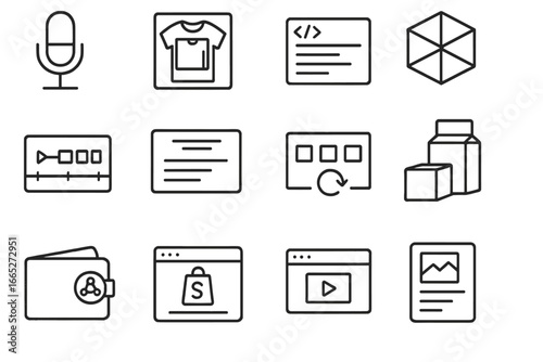 Freelance Tools Icons. Line style icons of freelance niche tools: podcast mic, merch mockup, 3D model, motion timeline, script