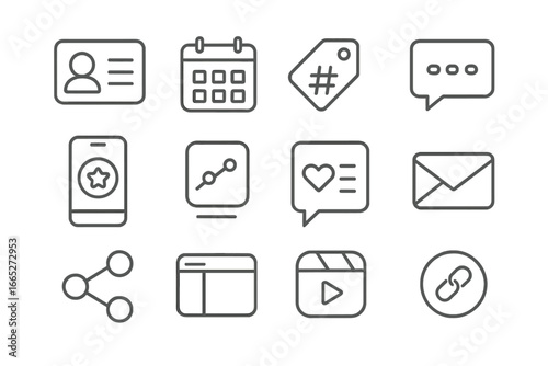 Freelance Social Media Icons. Line style icons of freelance social media tools: profile dashboard, content calendar, hashtag tag,