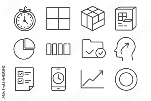 Productivity Icons Collection. Line style icons of productivity methods: pomodoro clock, Eisenhower matrix, time block cube,
