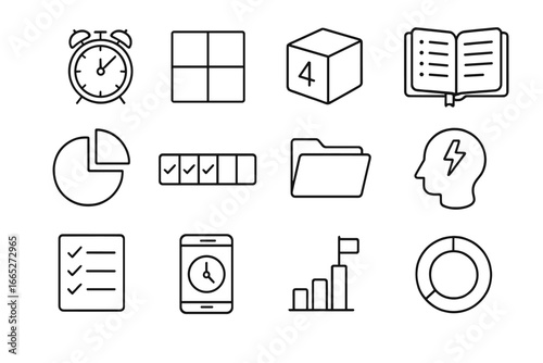 Productivity Icons Collection. Line style icons of productivity methods: pomodoro clock, Eisenhower matrix, time block cube,