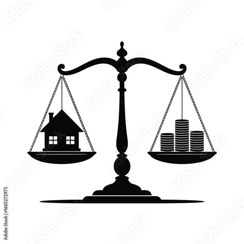 Scales of justice balancing a house against a stack of coins