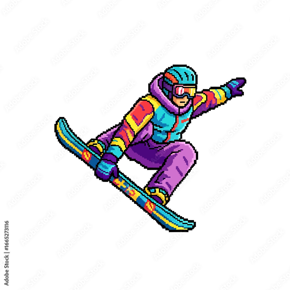 Obraz premium Pixel art illustration of a snowboarder in colorful winter gear performing a jump.