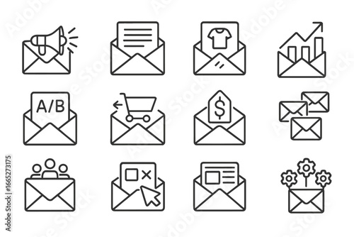 E-commerce Email Icons. Line style icons of e-commerce email marketing: email campaign icon, newsletter icon, product showcase