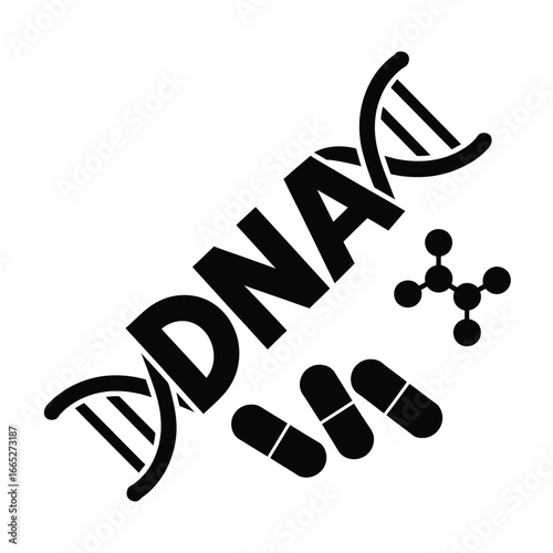 Dna helix and molecular structure with medical capsules and text