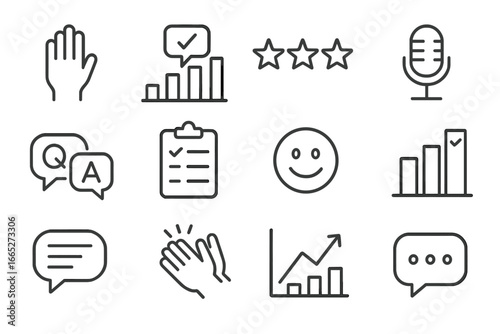 Audience Interaction Icons. Line style icons of audience interaction: hand raise icon, live poll icon, feedback stars, audience