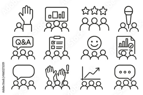 Audience Interaction Icons. Line style icons of audience interaction: hand raise icon, live poll icon, feedback stars, audience