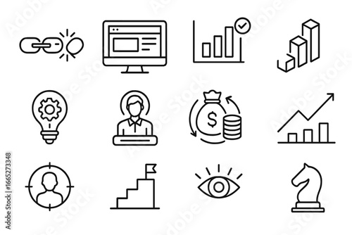 Startup Pitch Icons. Line style icons of startup pitch presentations: problem/solution icon, product screenshot, user validation