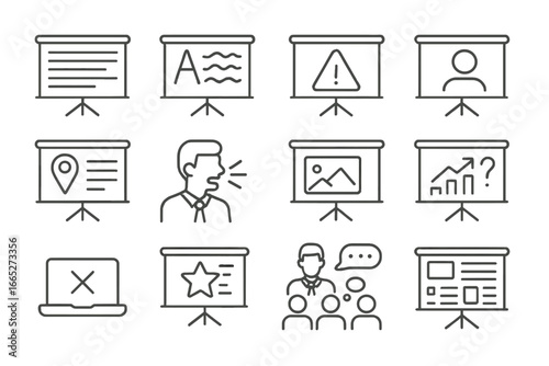 Presentation Pitfalls Icons. Line style icons of presentation mistakes: too much text, unreadable font icon, low contrast warning,