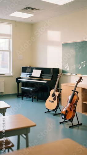 bright, clean music classroom with an upright piano against the wall. An acoustic guitar and a cello or viola are set on stands in the foreground, and a chalkboard with musical notes is visible to the