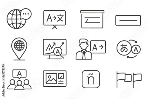 Multilingual Presentation Icons. Line style icons of multilingual presentations: globe with speech bubble, language selector,