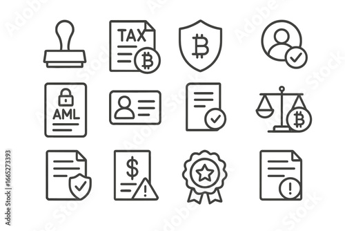 Crypto Regulation Icons. Line style icons of crypto regulations: government stamp, tax form with crypto, regulatory shield, KYC