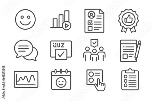 Learning Engagement Icons. Line style icons of learning engagement tools: emoji reactions, live poll icon, instant feedback form,