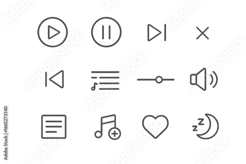 Podcast Interface Icons. Line style icons of podcast listener interface: play button, pause icon, skip forward, playback speed