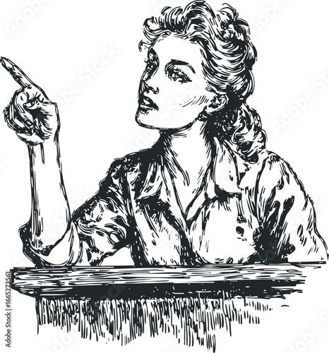Pen and ink drawing of woman pointing upwards with a questioning expression