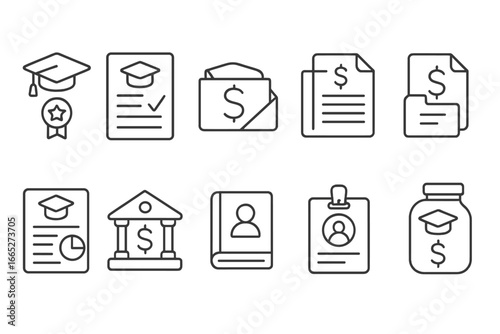 Education Funding Icons. Line style icons of paying for higher education: scholarship award icon, FAFSA form icon, financial aid