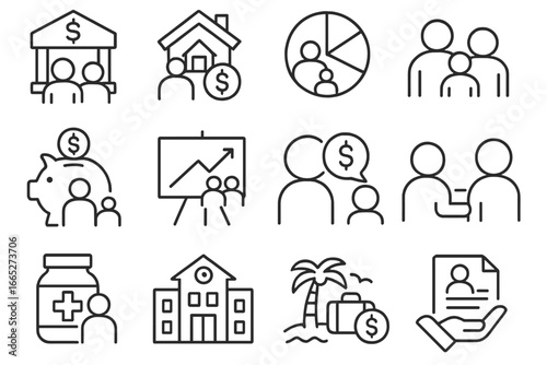 Family Finance Icons. Line style icons of family financial planning: joint account icon, household budget, family expense pie,